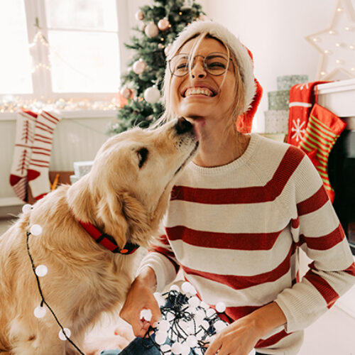Photo of young woman and her dog enjoying together at home in a Christmas atmosphere